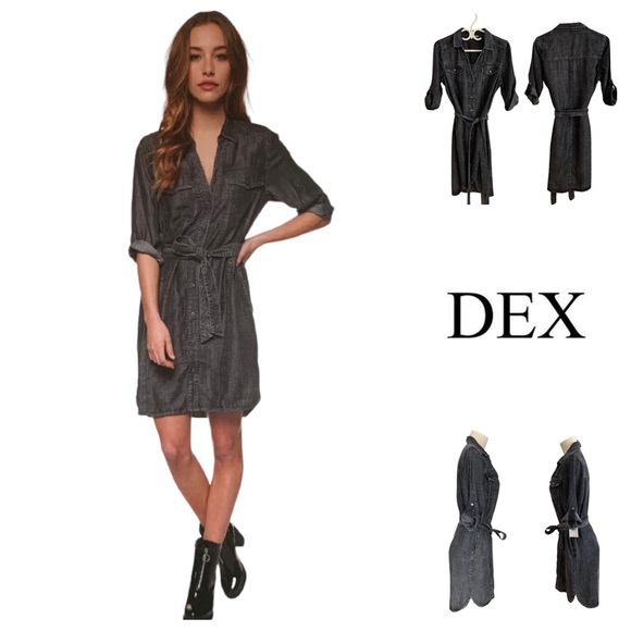 Dex Dresses & Skirts - NWT 100% Tencel Dex Black Denim Belted Shirt Dress Charcoal Acid Wash 90s